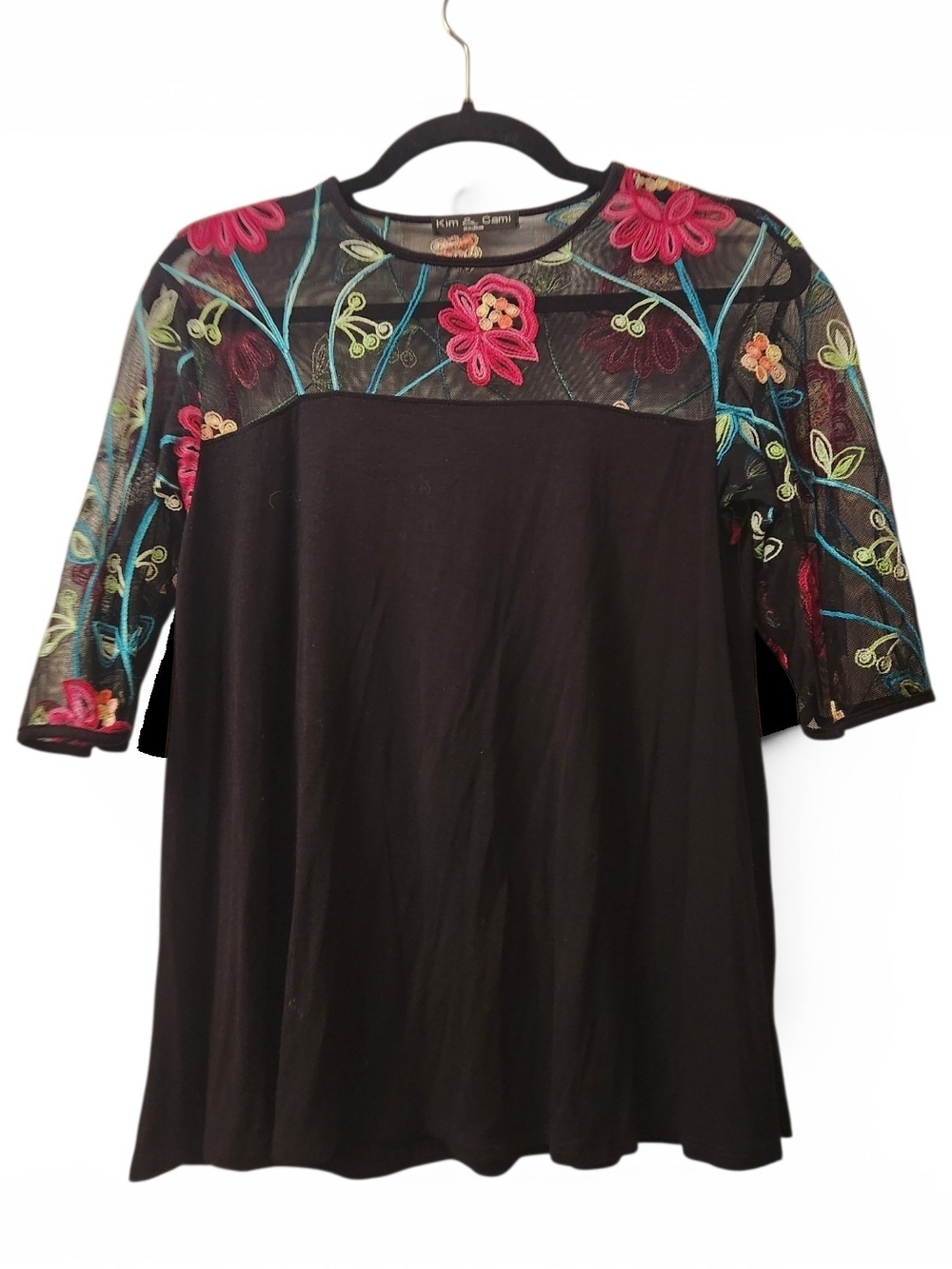 Kim & Cami Black Short Sleeve Tee with Pink Floral Embroidered Yoke